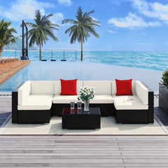 7 Piece Outdoor Patio Sofa Set with Cushions, All Weather PE Rattan Sectional Sofa, Glass Top Coffee Table, Cream White