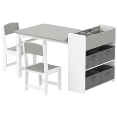 Kids Desk and Chair Set with Paper Roll, Kids Activity Craft Table with Storage Shelves and Drawers, Gray
