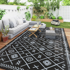 Reversible Outdoor Rug, Waterproof Plastic Straw with Carry Bag, 9' x 18', Black & Gray Rhombus