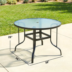 38" Round Patio Table with Umbrella Hole, Tempered Glass Outdoor Dining Table, Black