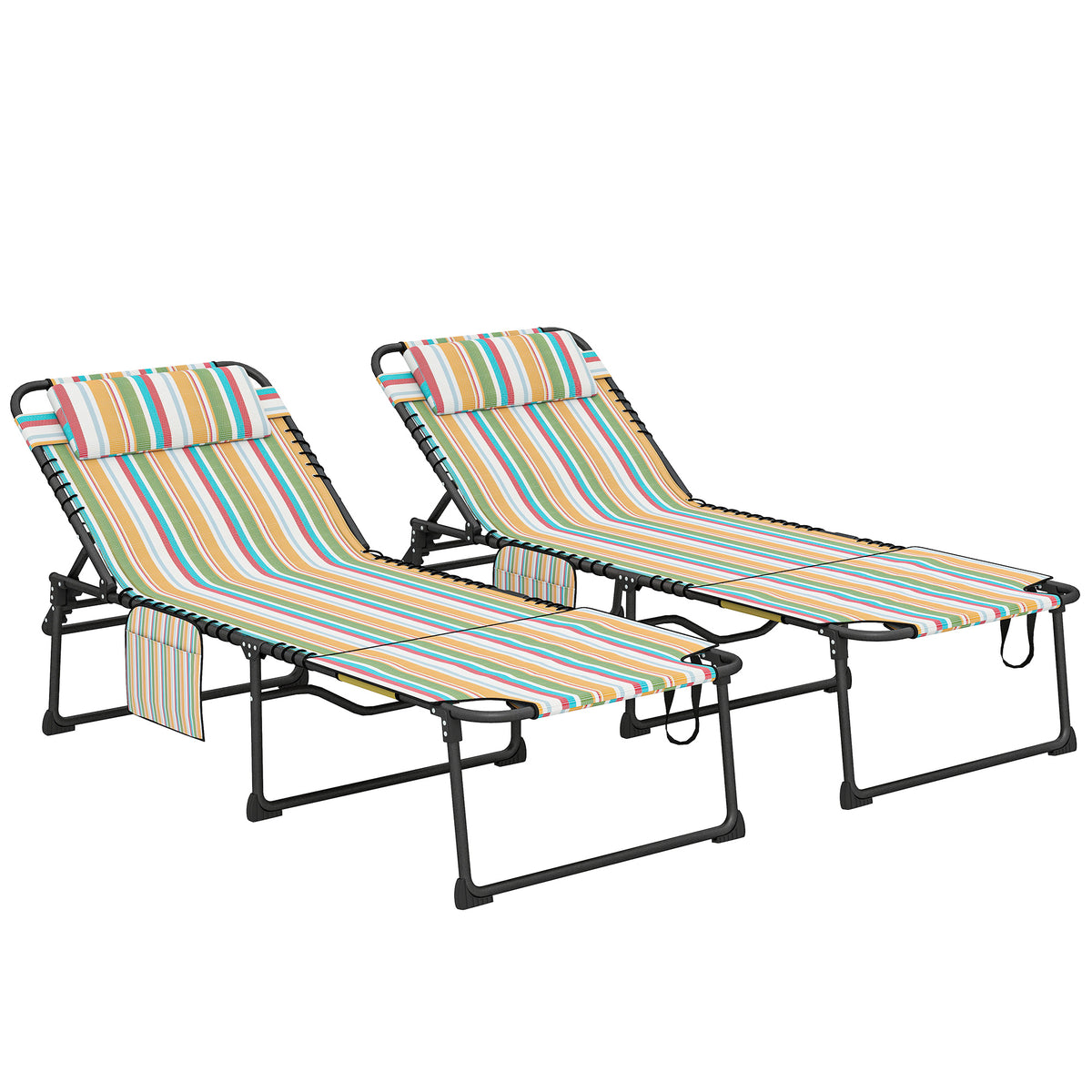 2 Piece Folding Chaise Lounge Pool Chairs with 5-level Reclining Back, Reading Hole, Side Pocket, Rainbow Striped