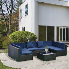 7 Piece Patio Furniture Set, Wicker Outdoor Sectional Sofa Set, All Weather PE Rattan Outdoor Furniture Conversation Sets with Cushions, Glass Top Coffee Table, Pillows, Dark Blue