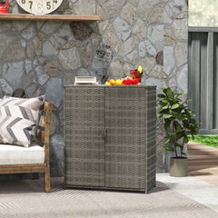 Rattan Wicker Outdoor Storage Cabinet with 4 Shelves and 2 Doors for Garden Pool Towel Storage, Mixed Gray