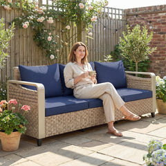 Rattan Wicker Sofa 3-Seater Outdoor Patio Sofa with Cushions for Garden Backyard Porch Dark Blue