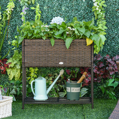 Raised Garden Bed, Elevated Planter Box with Rattan Wicker Look, Tool Storage Shelf, Portable Design for Herbs, Vegetables, Flowers, Brown