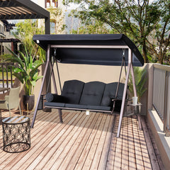 3-Seat Patio Swing Chair, Outdoor Porch Swing Glider with Adjustable Canopy, Removable Cushion, Pillows and Side Trays, for Garden, Poolside, Backyard, Black