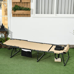 Folding Chaise Tanning Lounge Chair w/ 5-level Reclining Back, Reading Hole, Side Pocket, Headrest, Beige