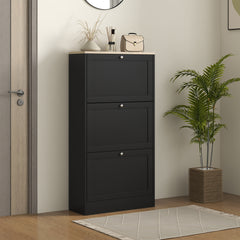 Modern Shoe Storage Cabinet with 3 Flip Drawers and Adjustable Shelves for 12-18 Pairs of Shoes, Black