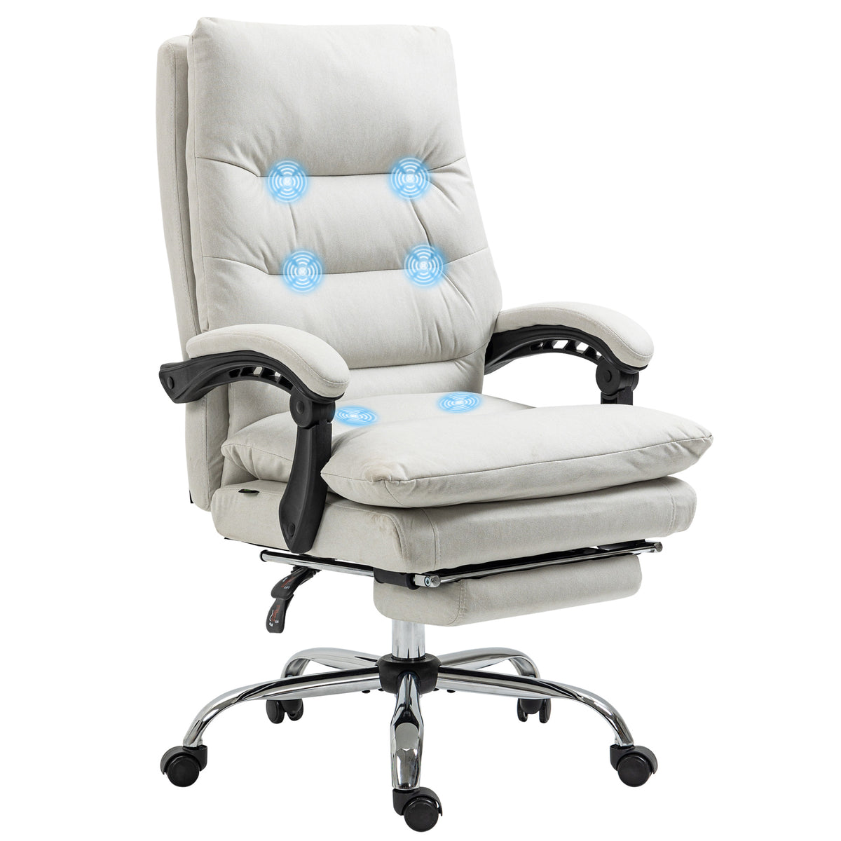 Microfibre Executive Massage Office Chair, Computer Desk Chair, Reclining Chair with Footrest, Double-tier Padding, Swivel Wheels, Cream White