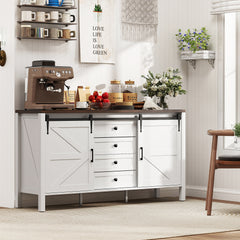 59" Buffet Cabinet, Farmhouse Sideboard with Thick Top, 2 Barn Doors, 4 Drawers and 2 Adjustable Shelves, White