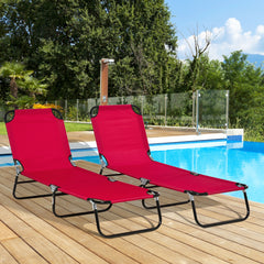 2 Piece Folding Chaise Lounge Pool Chairs, Outdoor Sun Tanning Chairs with 5-Level Reclining Back, Steel Frame for Beach, Yard, Patio, Red