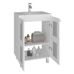Neptune Bathroom Vanity Cabinet with 2 frosted glass Doors, Resin Sink and 2 Interior Shelves Cabinet, Compact Vintage and Modern Bathroom Vanity
