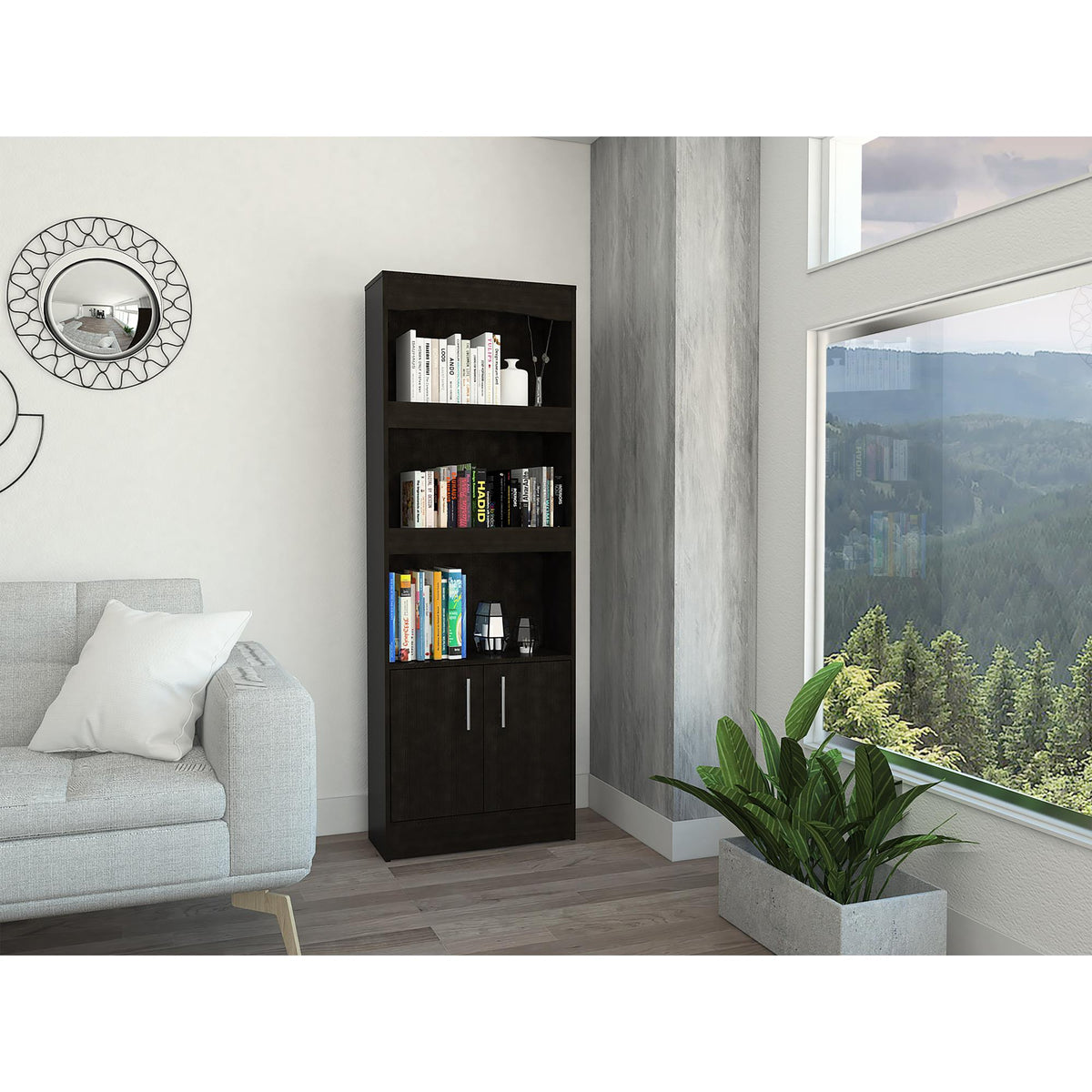 Rhea Bookcase, Metal Hardware, Three Shelves, Double Door Cabinet -Black