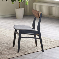 Contemporary Dining Side Chairs Set of 2 Walnut and Black Finish Gray Upholstery Wooden Kitchen Furniture Curved Back