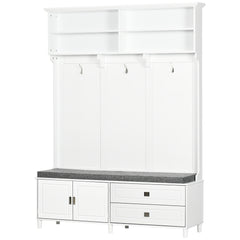 Hall Tree with Storage Bench, Entryway Bench with Coat Rack, Accent Coat Tree with Storage Shelves, Cabinet and Drawers for Hallway, Mudroom, White