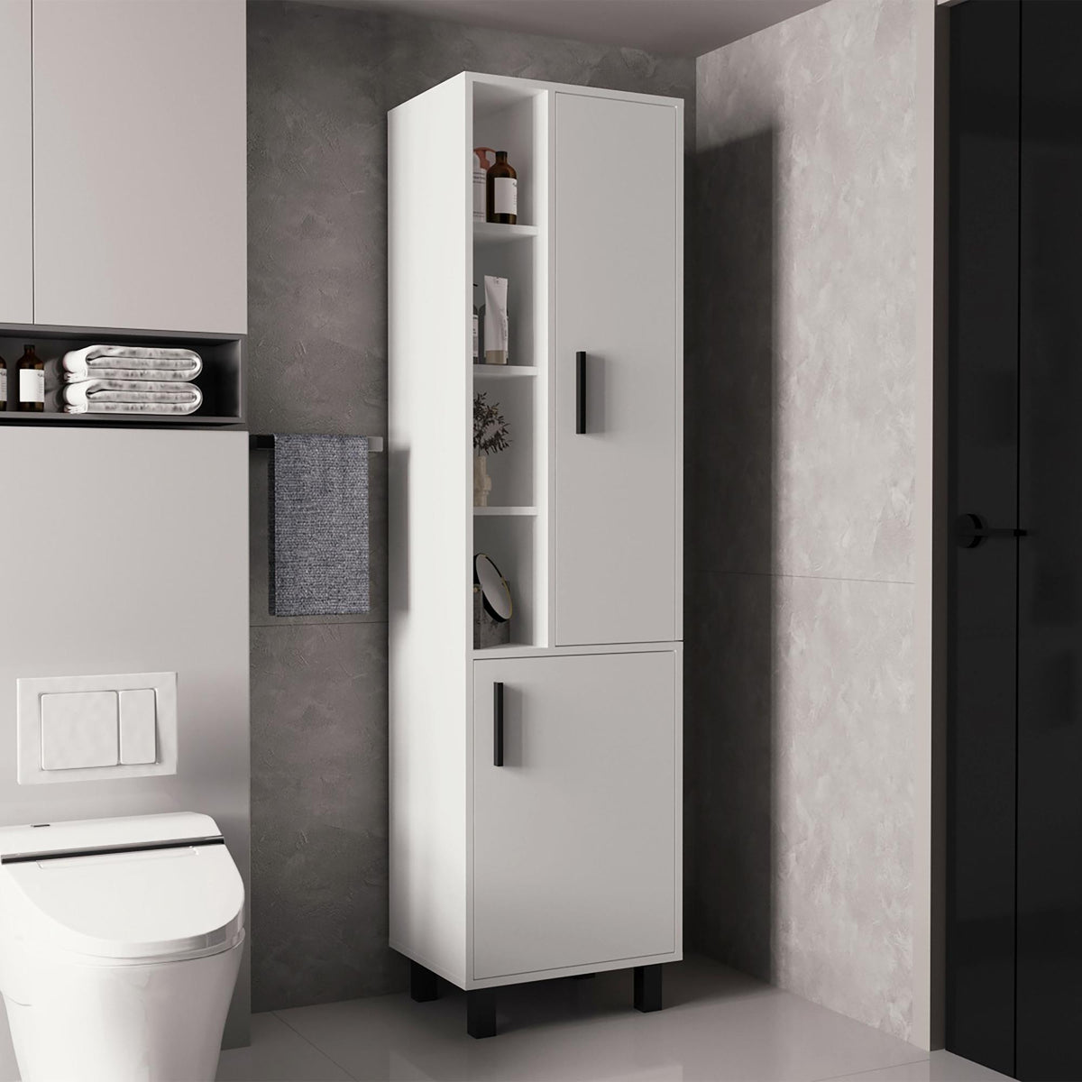 Helen Tall Storage Cabinet With Two Doors And Three Open Shelves, White
