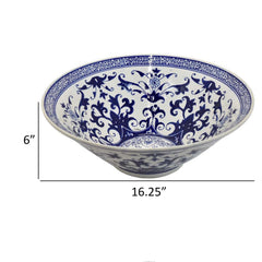 Valhalla 16 Inch Decorative Bowl, Ceramic, Floral Design, Blue and White
