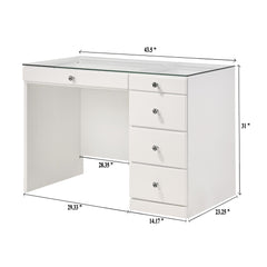 1pc Glam Makeup Vanity Table Glass Top 5 Drawers Crystal Knobs White Wooden Bedroom Furniture White