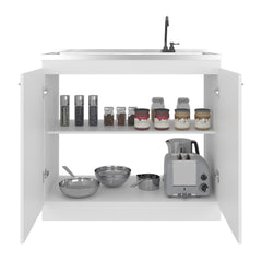 Pulsar Utility Sink with Faucet Inclued and Integrated Stainless Steel Counter top, Freestanding cabinet with two doors, Metal Handles and Two interior shelves, White