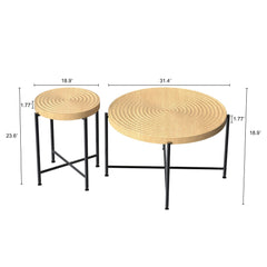 2-Piece Coffee and End Table Set – Waterproof MDF with PVC Cover, Distressed Cylindrical Design, Black Metal Legs – Classic Rustic Charm, Technical Wood