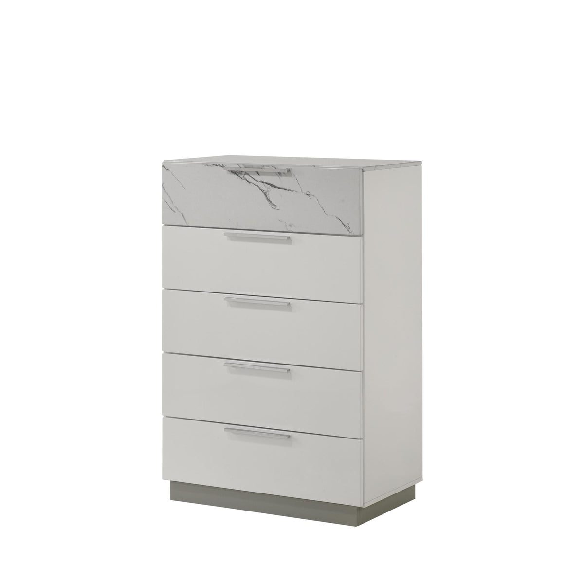 Hecuba Chest White – Two-Tone High-Gloss Marble & Lacquer Finish with Five Smooth-Glide Drawers, Velvet-Lined Top Drawer