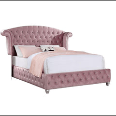 Glam Contemporary Pink Flannelette Upholstered 1pc Queen Size Bed Cabriole Legs Wingback Design Bedroom Furniture