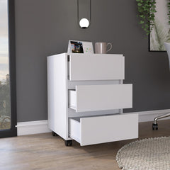 Log 3 Drawer Filing Cabinet, Four Casters, Superior Top -White