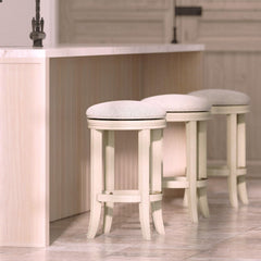 Sanctuary Counter-Height Backless Wood Swivel Barstool with Upholstered Seat, Distressed Ivory, 1PC