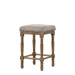 Set of 2pc Counter Height Stools Oak Finish Beige Fabric Seating Nailhead Trim Wooden Traditional Dining Room Furniture