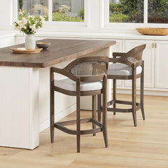Ares Mid-Century Modern 26" Cane Back Counter Stool, Two-Tone Neutral Gray Polyester Wool Blend