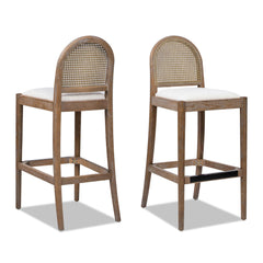 Neptune 30.5" Curved Back Cane Rattan Bar Stool, Set of 2, Ivory White Boucle