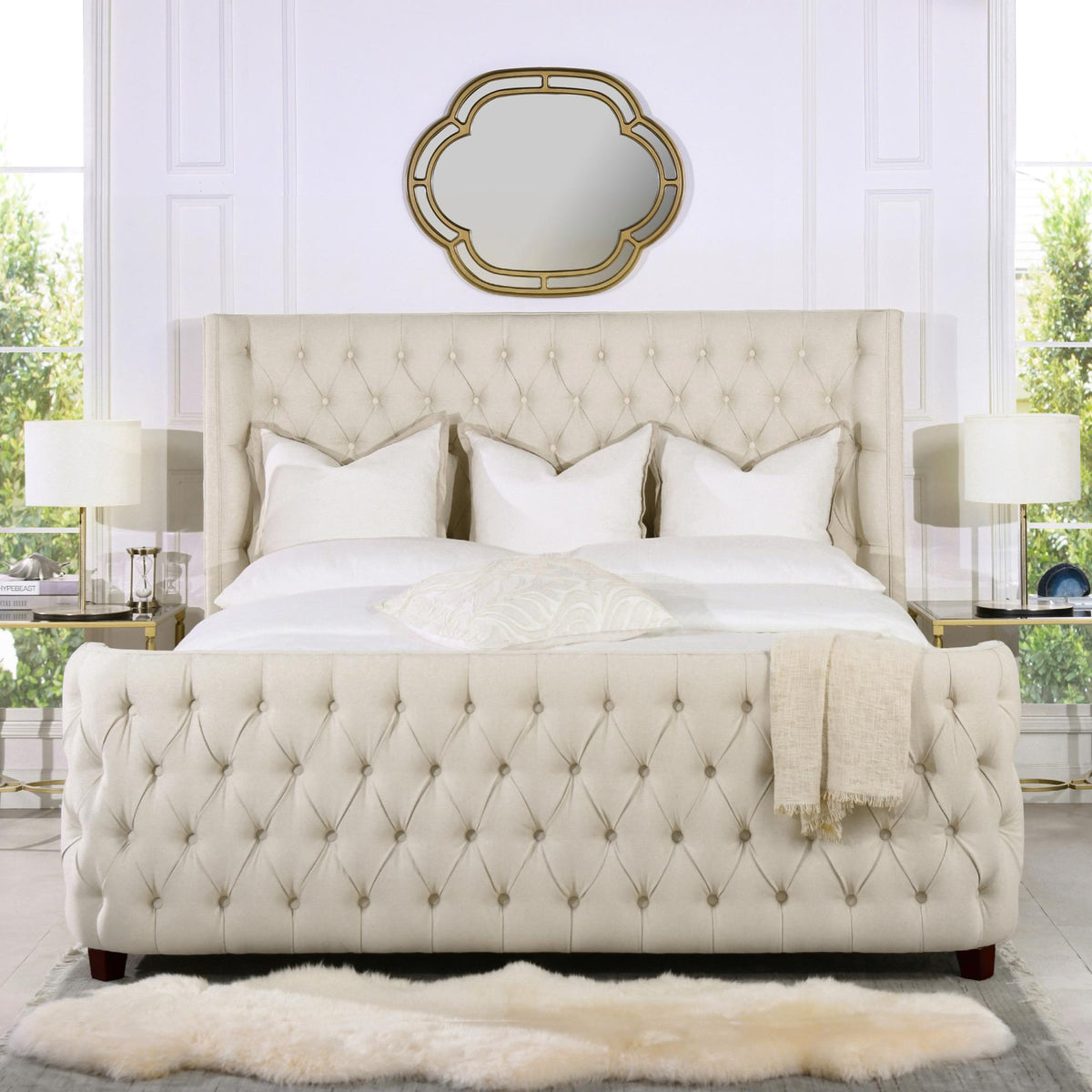 Apocalypse King Tufted Panel Bed Headboard and Footboard Set, Light Beige Linen