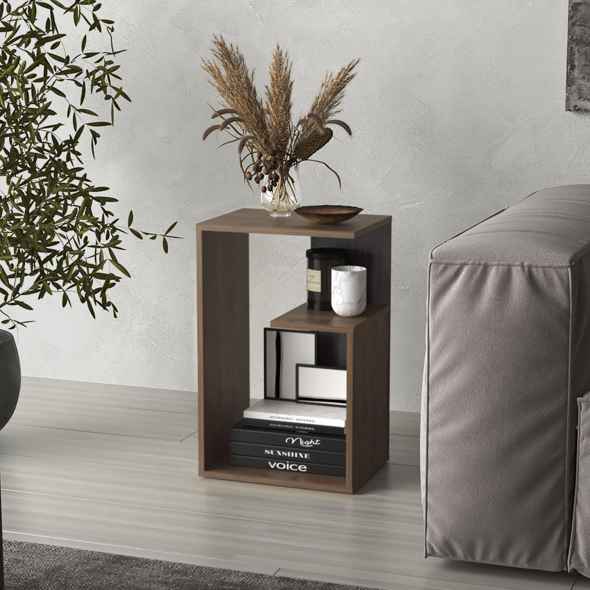 Cosmos 25" High 3-Tier Open Shelf Side Table, Dark Brown, Black