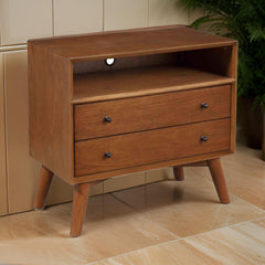 2 Drawer Wooden Nightstand with Open Compartment and Splayed Legs, Brown