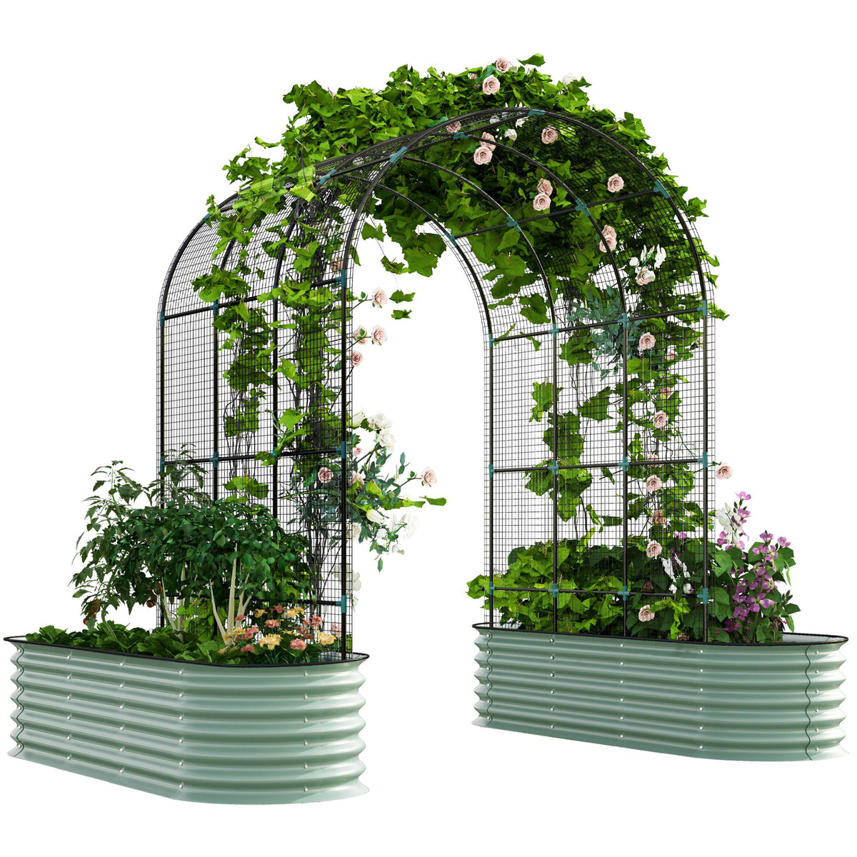 Raised Garden Beds Set with Arch Trellis, Climbing Net, Galvanized Planter Box for Climbing Vegetables Flowers Herbs