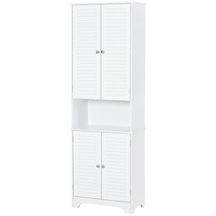 Tall Narrow Bathroom Storage Cabinet with Doors and Shelf Adjustability, Freestanding Linen Cabinet with 2 Cabinets and Countertop, White