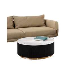 1pc Round Cocktail Table Marble Top Gold Accent Plinth Base Black White And Gold Finish Primary Living Room