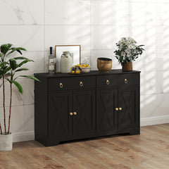 Kitchen Storage Sideboard, Farmhouse Buffet Cabinet with Barn Style Doors, Drawers, Adjustable Shelves, Black