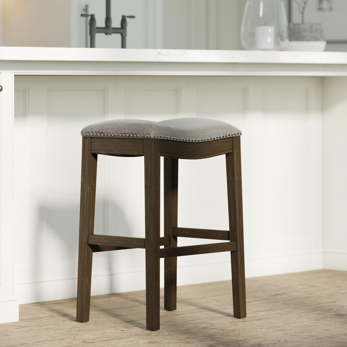 Story Saddle Distressed Espresso Wood Bar-Height Barstool with Smoke Gray Fabric, 1PC