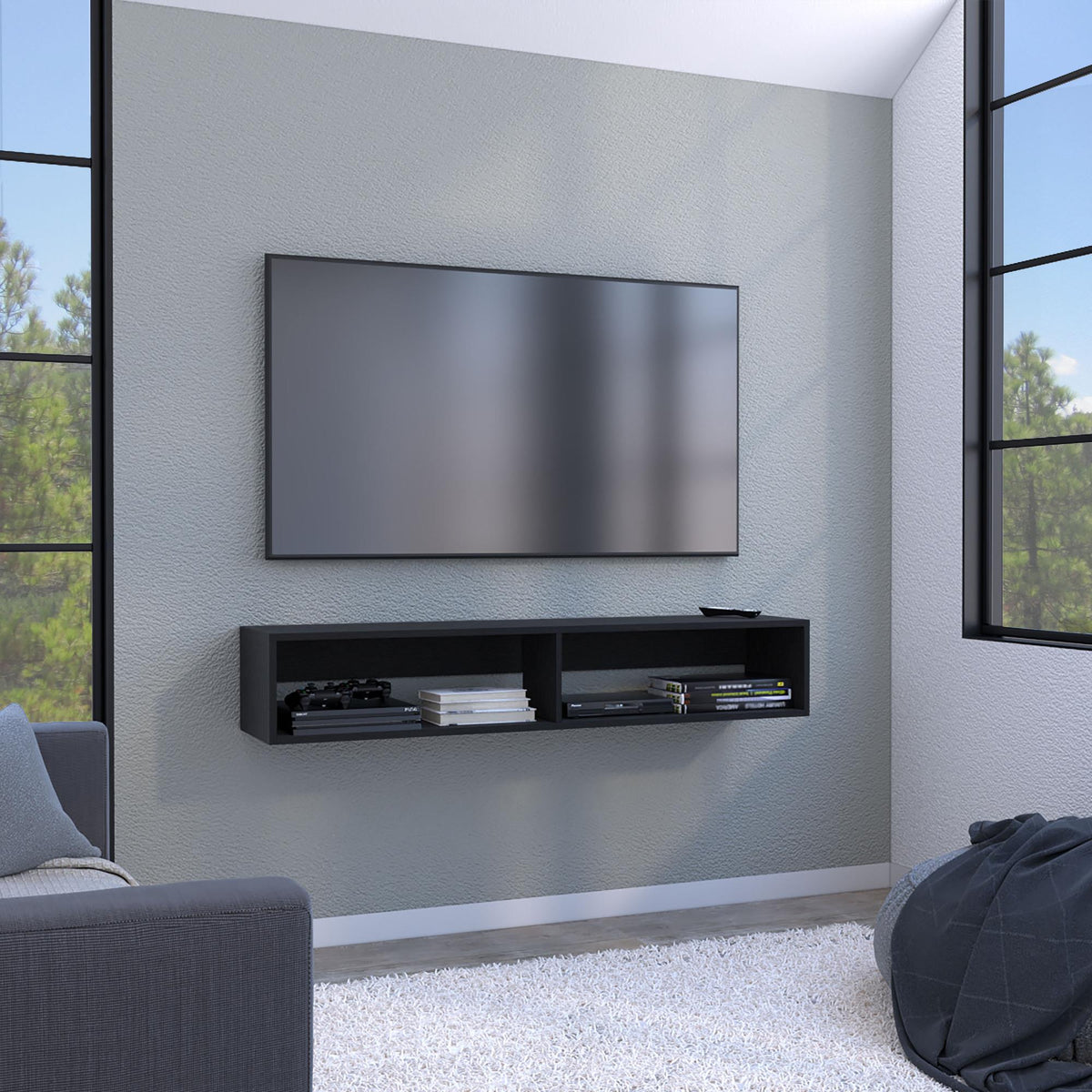 Theseus 59" Floating Tv Stand with Two open shelves, media compartments and cable management