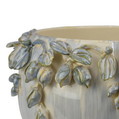 Aura Bowl Planter, White Ceramic with Floral Garland Rim, 12 Inch