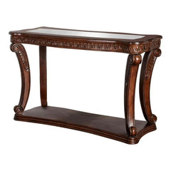 Sofa Table Dark Oak Finish Traditional Style 5mm Tempered Glass Top Cabriole Glass Ornate Carved Detail