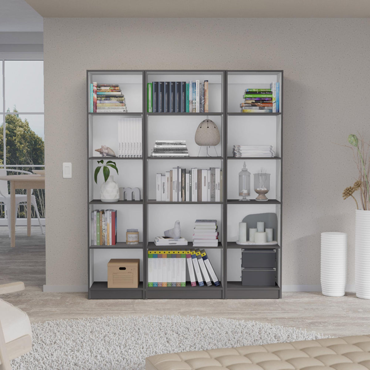 Crown 3 Piece Home Bookcase set, 60" Wide with 15 Shelves , Living Room Set Set Matt Gray - White