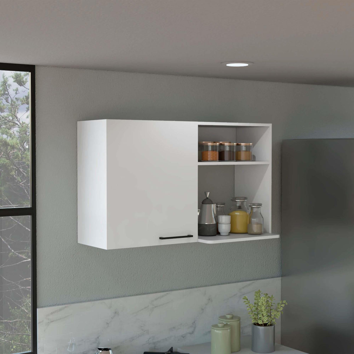 Stackable Wall Storage Cabinet 24" H, Two Internal Shelves, Two External Storage Shelves, One Door, White