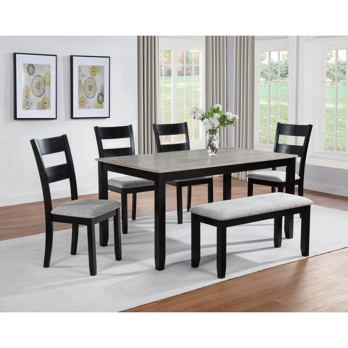6pc Dining Set Rectangular Table Features Weathered Gray Finish Wood Grain Wide Slat Backs Padded Seats Upholstered Textured Neutral Fabric Chair Bench