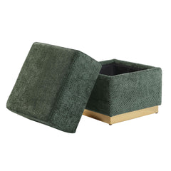 Contemporary Style Cube Design Accent Storage Compartment Stool Gold Plated Base Stainless Steel Green Finish Primary Living room