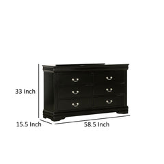 Crest Wide Dresser, 6 Drawers, Nickel Metal Handles, Black Solid Wood