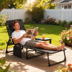 Chaise Lounge Chair Outdoor, 5-Position Adjustable Sun Tanning Chair with Carrying Handle and Side Pocket, Folding Bed Cot with Removable Pillow for Garden, Beach, Patio, Pool, Camp, Black