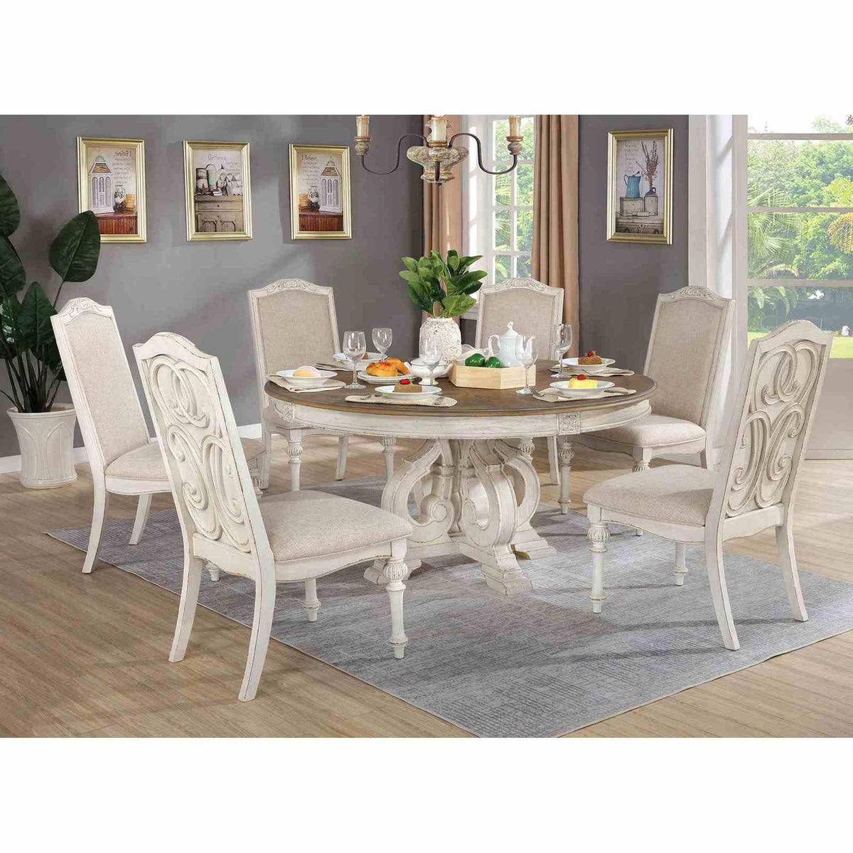 Elegant Rustic 7pc Dining Set Round Table 6x Side Chairs Ivory Fabric Upholstered Seat Antique White