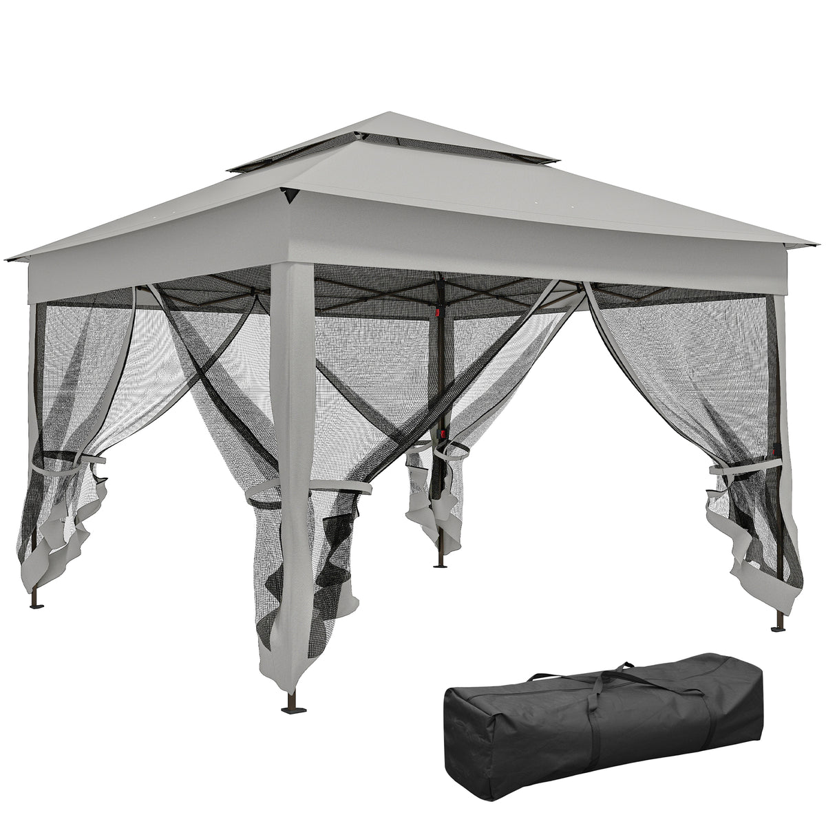 Outdoor Patio Pop Up Canopy Gazebo Shelter with Zipper Netting, Carry Bag, 11' x 11', Light Gray